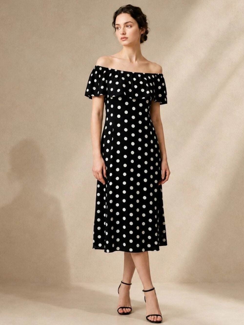 Vintage 90s Black White Polka Dot Dress Size Large Midi Bardot Y2K French Girl